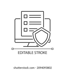 Icono lineal de la política cibernética. Reglas para proteger a los usuarios. Regulaciones de ciberseguridad. Ilustración personalizable de línea delgada. Símbolo de contorno. Dibujo de contorno aislado del vector. Trazo editable. Tipo de letra arial utilizado