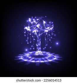 Cyber polygon tree hologram on stage. Futuristic elements of environment technology. Save world concept