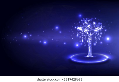Cyber polygon tree hologram on stage. Futuristic elements of environment technology. Save world concept. Landing page. Weg design interface Empty space.