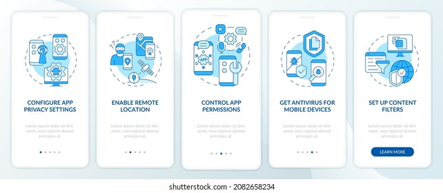 Cyber privacy tips onboarding mobile app page screen. Information protect walkthrough five steps graphic instructions with concepts. UI, UX, GUI vector template with linear color illustrations