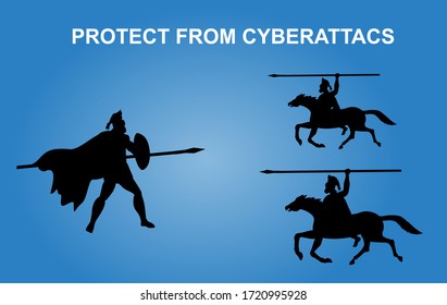 Cyber  protection from cyber crime, ancient warriors silhouettes, concept vector