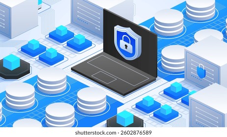 Cyber Protection Framework. Illustration of a laptop with a shield and data streams, emphasizing comprehensive online information protection and advanced cybersecurity solutions.