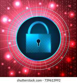 Cyber ??security, protection of information from viruses and hackers. Blue technology background with lock, concept of computer protection and web data vector illustration