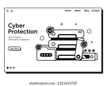 Cyber protection services and data storage technology web banner concept. Data encryption and online safety management landing page illustration in line art design. Online backup scene.