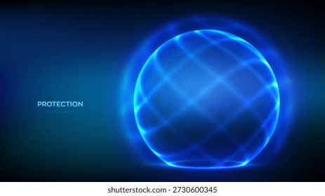 Cyber protection shield sphere in glowing blue energy field. Abstract Dome shield with force energy field on blue background. Cyber security and data privacy technology concept. Vector illustration