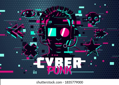 Cyber-Punk-Mann. Boy-Gamer-Portrait. Videospiele, Hintergrund, glänzender Stil. Vektorgrafik. Männlicher Online-Benutzer Avatar.