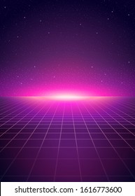 Cyber Punk Style Grid Floor And Starry Night Background In Purple Tone