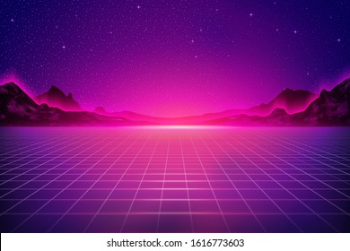 Cyber Punk Style Grid Floor And Mountain Background In Purple Tone