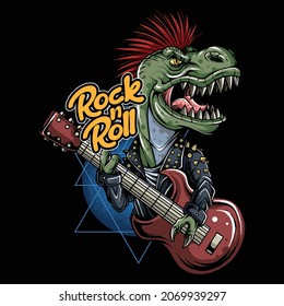 Cyber punk t-rex dinosaur in rocker jacket playing guitar