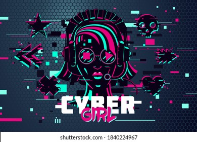 Cyber-Punk-Frau. Girl Gamer-Portrait. Videospiele, Hintergrund, glänzender Stil. Weibliche Online-Nutzer. Vektorgrafik.