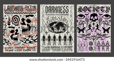 Cyber Punk Y2k Posters Set Vector Design. Neo Tribal Cyber Sigilism Placards. Streetwear Prints. Gothic Pattern.
