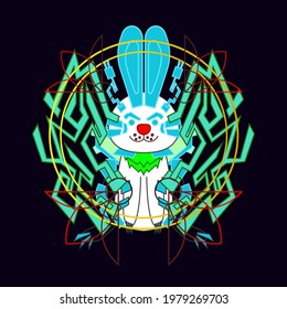 cyber rabbit design for japan traditional cloth or t-shirt with digital hand drawn Embroidery Men T-shirts Summer Casual Short Sleeve Hip Hop T Shirt Streetwear logo
