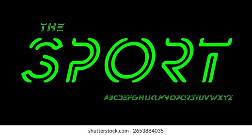 Cyber racing font, abstract linear alphabet, striped electro letters, green cyber typeface for auto logo, esport poster headline, fast typography, modern digital typographic design. Vector typeset.