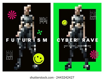 Cyber rave posters with pixelated art, futurism style print, Y2k Trendy Fluorized stickers. Acid. Pixels brutal girl. Invite to rave event. Flyer design template with abstract elements. Neon