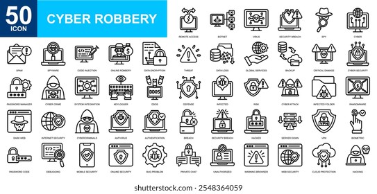 Conjunto de colección de ícono de robo cibernético. Cibercrimen, big data, seguridad, hacking, digital, icono de redes. Vector de línea simple.