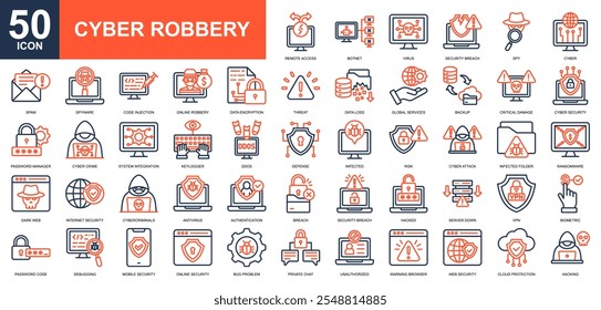 Cyber Robbery icon collection set. Cybercrime, big data, security, hacking, digital, networking icon. Simple line color vector.