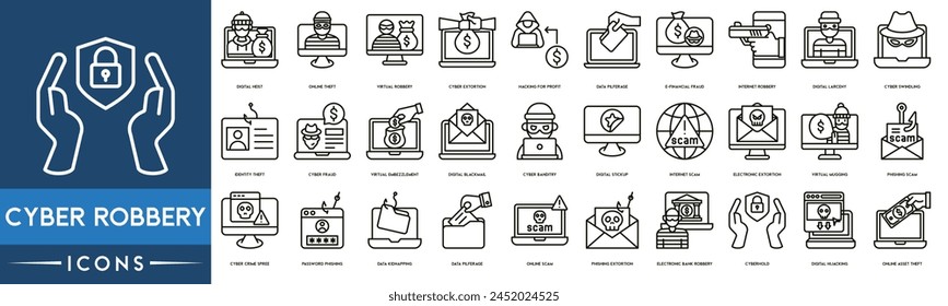 Cyber  Robbery icon set. Digital Heist, Online Theft, Virtual Robbery, Cyber Extortion, Hacking for Profit, Data Pilferage, E-Financial Fraud, Internet Robbery, Digital Larceny