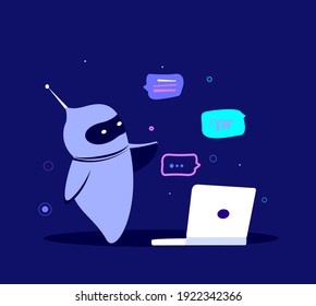 Cyber robot chatbot texting messages to help web users. Bot Service Internet application Online Infrormation artificial Intelligence Future marketing AI business IOT concept Flat Vector illustration