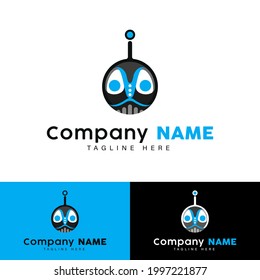 Cyber Robot Head Logo. With a circle shape and antenna icon in blue color. Simple, modern, premium, and luxury logo design template