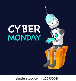 Cyber ​​Monday. Robot with a phone. Cyber Monday Banner and for Website. Vector illustration.