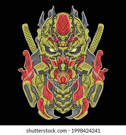 
cyber robot samurai green red gray on black background