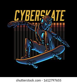 Cyber robot skateboarding vector illustration