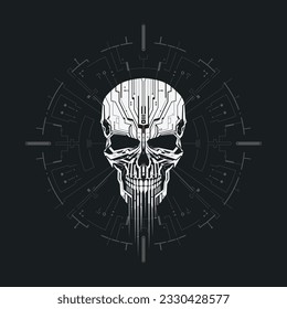 Cyber robot skull. Dark sci-fi style metal skeleton head.