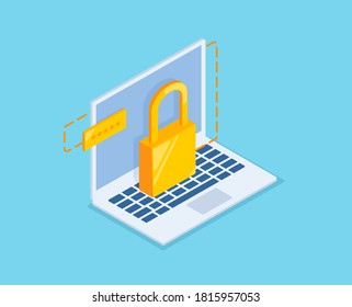 Cyber safety concept, locked and key on laptop computer keyboard vector illustration