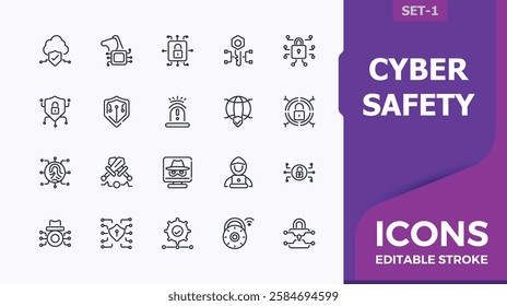 Cyber Safety icons. Includes icons for mail, lock, laptop, computer, payment and more. Web icons. Editable stroke. Vector illustration.