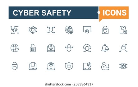 Cyber Safety linear icon collection. Includes icons for account, phone, defense, hacker, electronic, login and more. Thin outline icons pack. Editable stroke.