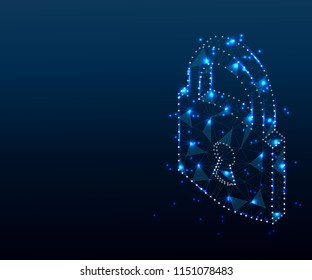 Cyber safety padlock, lock, 3D. Polygonal low poly design. Wireframe polygon concept. Abstract vector with polygon, line, connecting dots. Security, safe, privacy or concept illustration or background