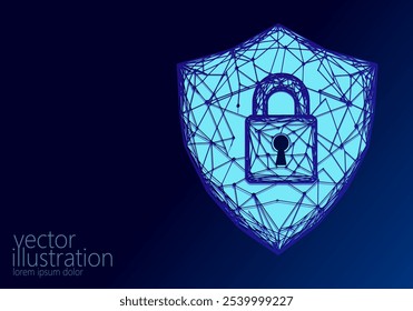 Candado de seguridad cibernética en el escudo. Bloqueo de seguridad de Internet Información de privacidad Bajo poli Poligonal Futuro Innovación Tecnología de la red Concepto de negocio Ilustración vectorial azul