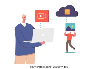 Ciberseguridad, protección de datos personales en Internet, informática y concepto de ciberseguridad de cuentas. Trabajo de caracteres en portátiles con conexión Wi-Fi protegida, archivos o documentos. Ilustración del vector de dibujos animados