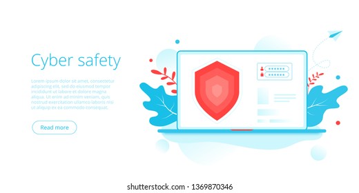 Cyber safety or personal data security in creative flat vector illustration. Online computer or mobile protection system. Web banner layout template.