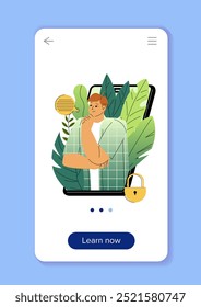 Afiche de seguridad cibernética. Joven en la pantalla del smartphone. Seguridad en Internet y protección de datos personales. App de antivirus. Autorización y Identificación. Ilustración vectorial plana aislada sobre fondo azul