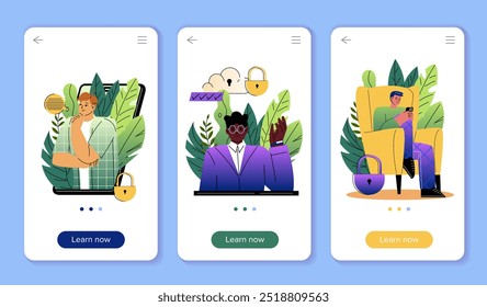 Cartazes de segurança cibernética. Homens com fechaduras perto de smartphones. Proteção de dados pessoais na Internet. Segurança e proteção, controle. Coleção de vetores planos isolada no plano de fundo azul