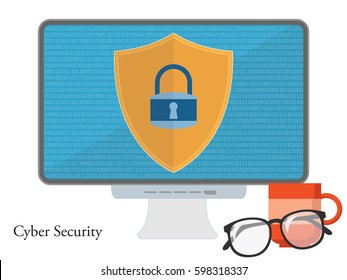 Cyber safety and security lock concept - computer screen vector illustration