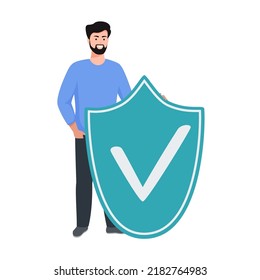 Cyber safety cyber security and privacy concept. Man holding online protection shield as symbol of defense and secure. Person defending and protecting data. Vector illustration.