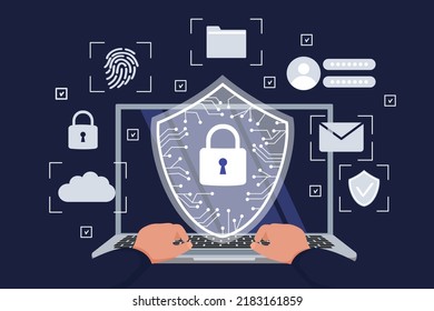 Cyber safety cyber security and privacy concept. Hands at work behind a laptop keyboard. Cyber security shield on screen. Person defending and protecting data. Vector illustration.