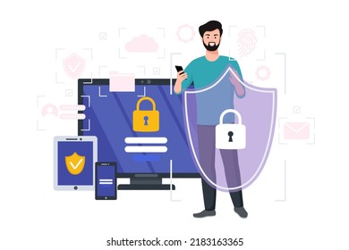 Cyber Safety Cyber Security And Privacy Concept. Man Holding Online Protection Shield As Symbol Of Defense And Secure. Person Defending And Protecting Data. Vector Illustration.