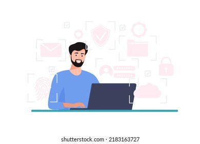 Cyber Safety Cyber Security And Privacy Concept. Cyber Defender Works On A Laptop. Vector Illustration Of Security, Personal Access, User Authorization, Internet And Data Protection, Cybersecurity.