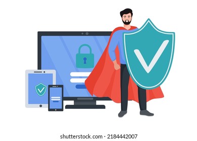 Cyber safety cyber security and privacy concept. The hero man holding online protection shield as symbol of defense and secure. Person defending and protecting data. Vector illustration.