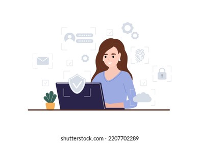 Ciberseguridad y concepto de privacidad. Chica trabaja en una laptop. Ilustración vectorial de Seguridad, Acceso Personal, Autorización de Usuario, Internet y Protección de Datos, Ciberseguridad.