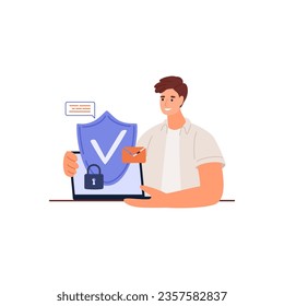 Cyber safety cyber security and privacy concept. Cyber defender and laptop. Vector illustration of Security, Personal Access, User Authorization, Internet and Data Protection, Cybersecurity.