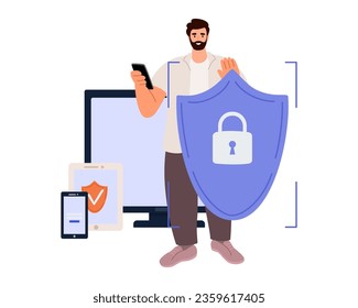 Cyber safety cyber security and privacy concept. Man holding online protection shield as symbol of defense and secure. Person defending and protecting data. Vector illustration.