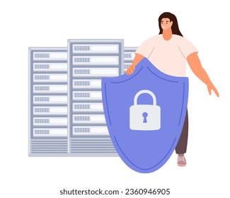 Ciberseguridad y concepto de privacidad. Mujer sosteniendo un escudo de protección en línea como símbolo de defensa y seguridad. Persona que defiende y protege los datos. Ilustración vectorial.