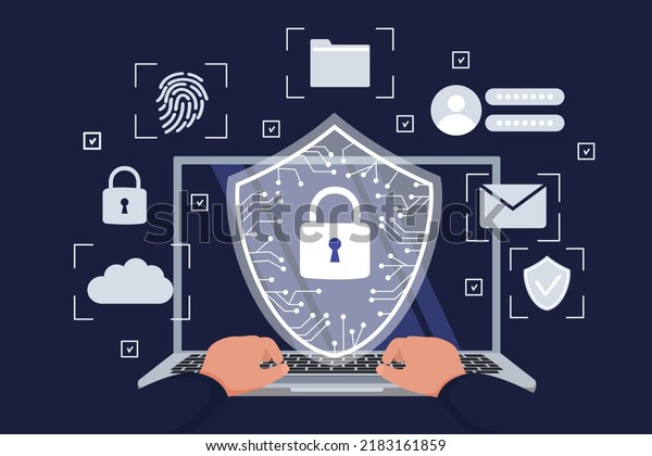 Cyber safety\
cyber security and privacy concept. Hands at work behind a laptop\
keyboard. Cyber security shield on screen. Person defending and\
protecting data. Vector\
illustration.
