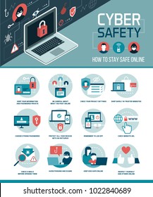 Cyber safety tips infographic: how to connect online and use social media safely, vector infographic with icons