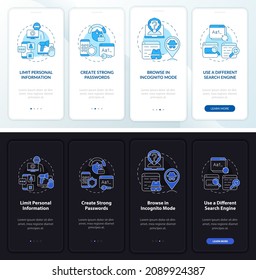 Cyber safety tips onboarding mobile app page screen. Data protection walkthrough eight four graphic instructions with concepts. UI, UX, GUI vector template with linear night and day mode illustrations