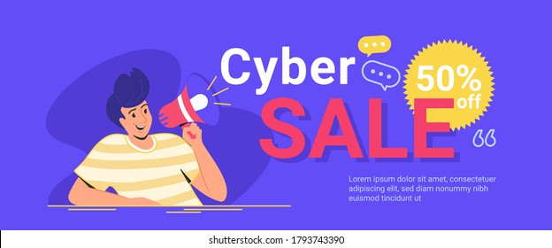 Cyber sale up to 50 off for online shopping. Flat line vector illustration of cute man sitting alone and shouting with megaphone friday sale announcement. Creative banner for sale on purple background